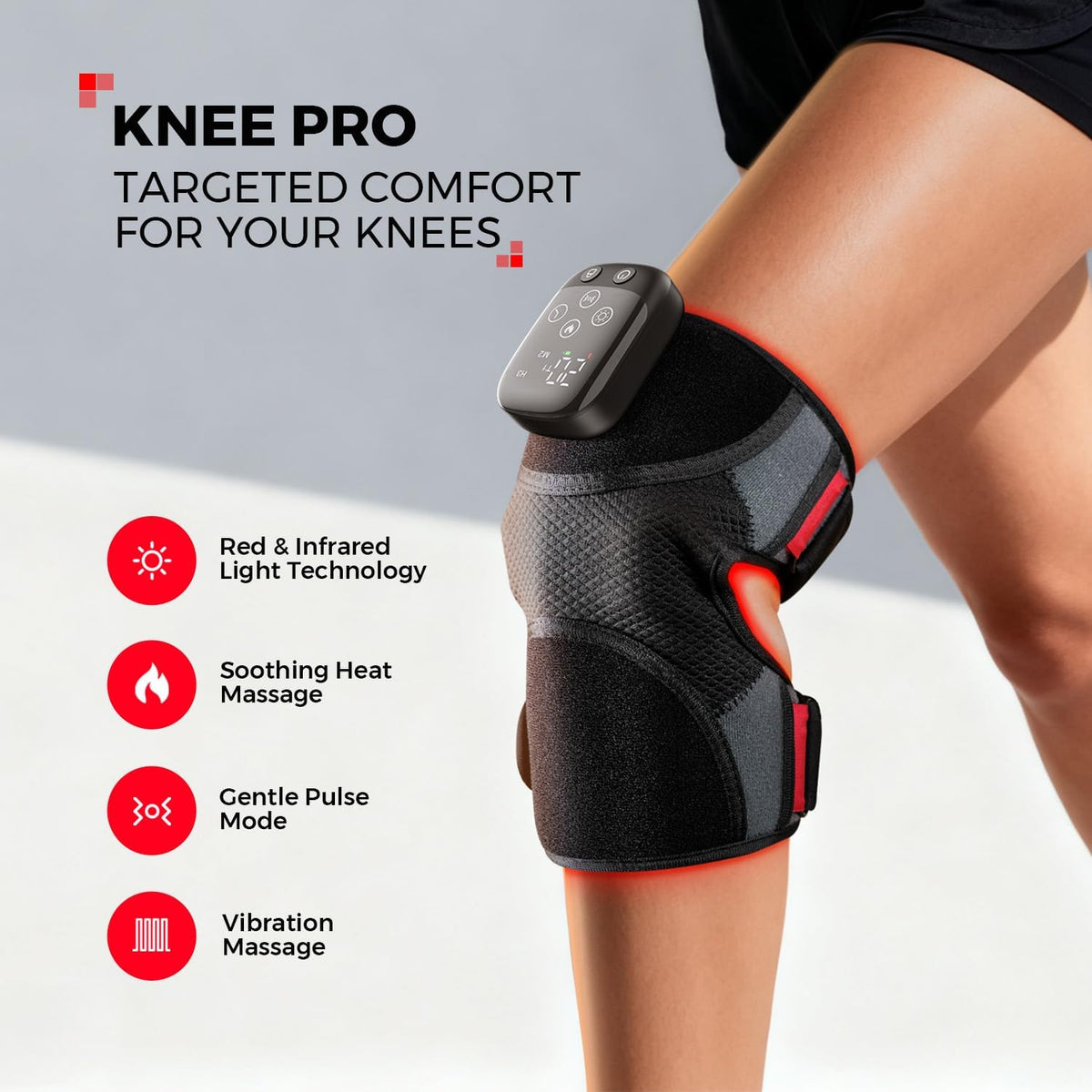Knee Massager with Heat and Red Light Therapy for Knee Pain Relief | FSA&HSA, 5000Mah Cordless Heated Knee Brace with 3 Heat / 3 Vibration / 5 Light Levels, 72 Red Lights 660Nm & 850Nm Infrared